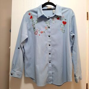 Vintage Blue Grandma Core Embroidered Floral Button Down Shirt Cotton Blend L